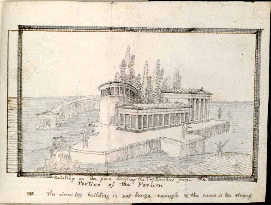 VII.7.32 Pompeii. c.1819. Drawing by W. Gell of a painting seen “on the piers dividing the Temple of Bacchus from the Portico of the Forum”.
He criticises his drawing noting that “NB. The circular building is not large enough and the curve is too strong”.
See Gell W & Gandy, J.P: Pompeii published 1819 [Dessins publiés dans l'ouvrage de Sir William Gell et John P. Gandy, Pompeiana: the topography, edifices and ornaments of Pompei, 1817-1819], pl. 19 verso.
See book in Bibliothèque de l'Institut National d'Histoire de l'Art [France], collections Jacques Doucet Gell Dessins 1817-1819
Use Etalab Open Licence ou Etalab Licence Ouverte

