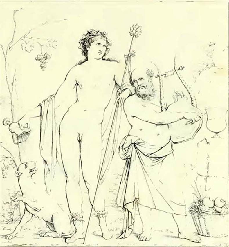 VII.7.32 Pompeii. 1825 drawing of the painting of Bacchus and Silenus. Small room at the rear of the temple.
Bacchus was holding the thyrsus in one hand and an upended cup in the other, with the panther below. 
Silenus was playing his lyre for the god, with a basket of fruit by his feet. 
See Real Museo Borbonico II, 1825, pl. 35.
According to Garcia y Garcia, this painting is now held at the Naples Museum, inventory number 9269.
See Garcia y Garcia, L., 2006. Danni di guerra a Pompei. Rome: L’Erma di Bretschneider. (p.112).
According to the ICCD scheda for a similar drawing ADS 831 the painting that was cut out and is now in Naples Museum (9269) was from VIII.3.2.

