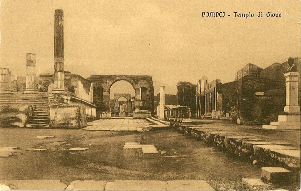 VII.8 Pompeii Forum. Old undated postcard, looking north. The bust of Fiorelli is on the right of the photograph.