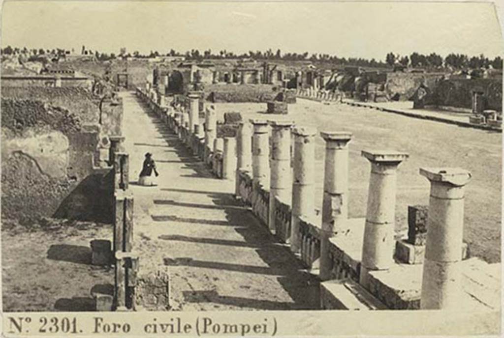 VII.8 Pompeii Forum. 1867 – 1874 view of west side, looking north. Sommer and Behles photo numbered 2301.
Note the horizontal beam capping is not in place. Photo courtesy of Rick Bauer.
