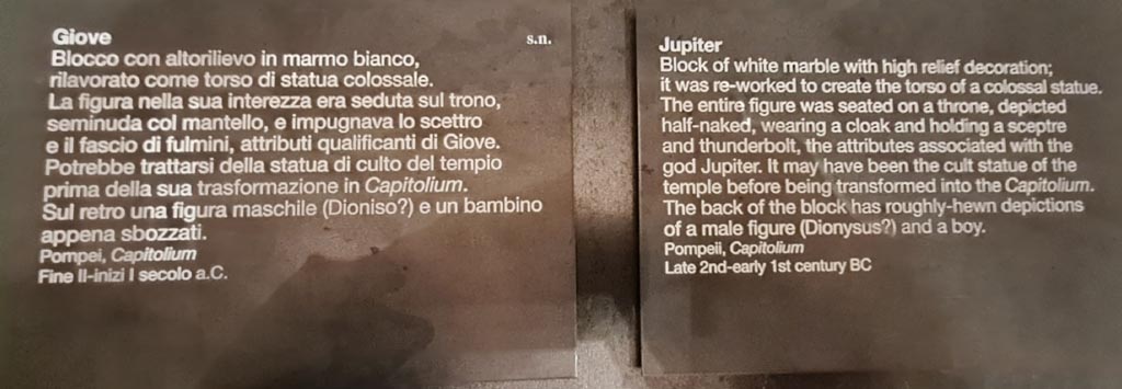 VII.8.1 Pompeii. April 2023. Descriptive card for bust of Jupiter. Photo courtesy of Giuseppe Ciaramella.