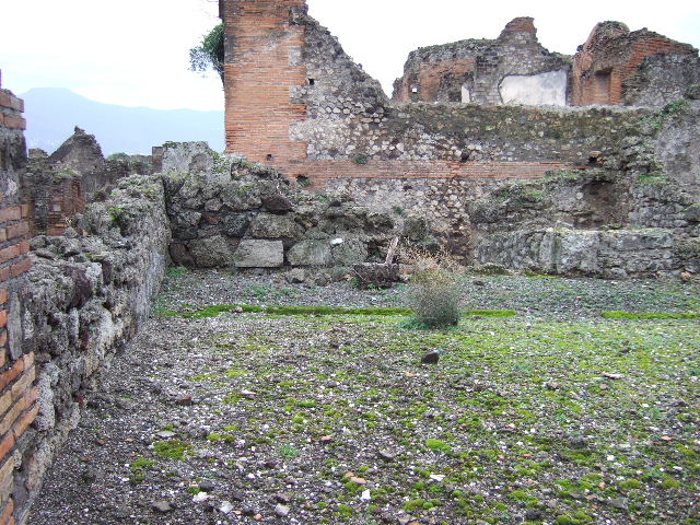 VII.9.60 Pompeii. March 2009. Looking north from top of Eumachia’s Building.   VII.9.61/62 is in the lower right hand corner.
