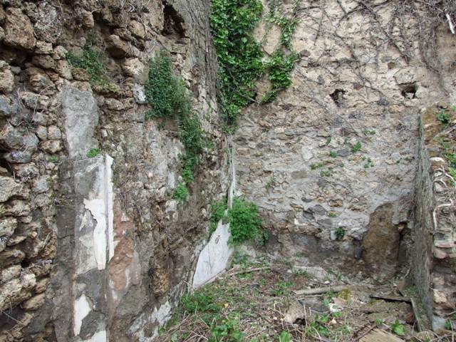 VII.11.14 Pompeii. March 2009. Garden “C”, west wall. According to Boyce, above a rectangular podium a projecting arch was built against the back wall, thus forming a niche. The front part of the upper surface of the podium served as an altar for sacrifices, on the front side of the podium was a step. On the rear wall of the niche are painted Jupiter and the Genius, with a blazing cylindrical altar between them. To the right and left on the wall outside the niche were the poorly preserved figures of the Lares. The side walls and the vaulted ceiling of the niche were decorated with leafy boughs. The exterior of the structure was coated with stucco painted in several different colours.
See Boyce G. K., 1937. Corpus of the Lararia of Pompeii. Rome: MAAR 14. (p.69, no.310 with Pl.14,1) 
