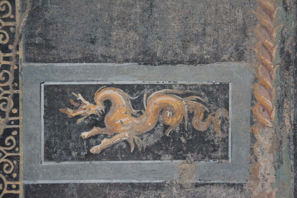 VII.16.22 Pompeii. October 2018. Room 58, detail of sea-monster from south wall. 
Foto Annette Haug, ERC Grant 681269 DCOR.
