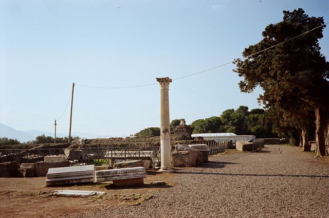 VIII.1.3 Pompeii. March 2009. Road between Basilica and Temple of Venus near VIII.1.5. Remains of water supply column against west wall of Basilica.
