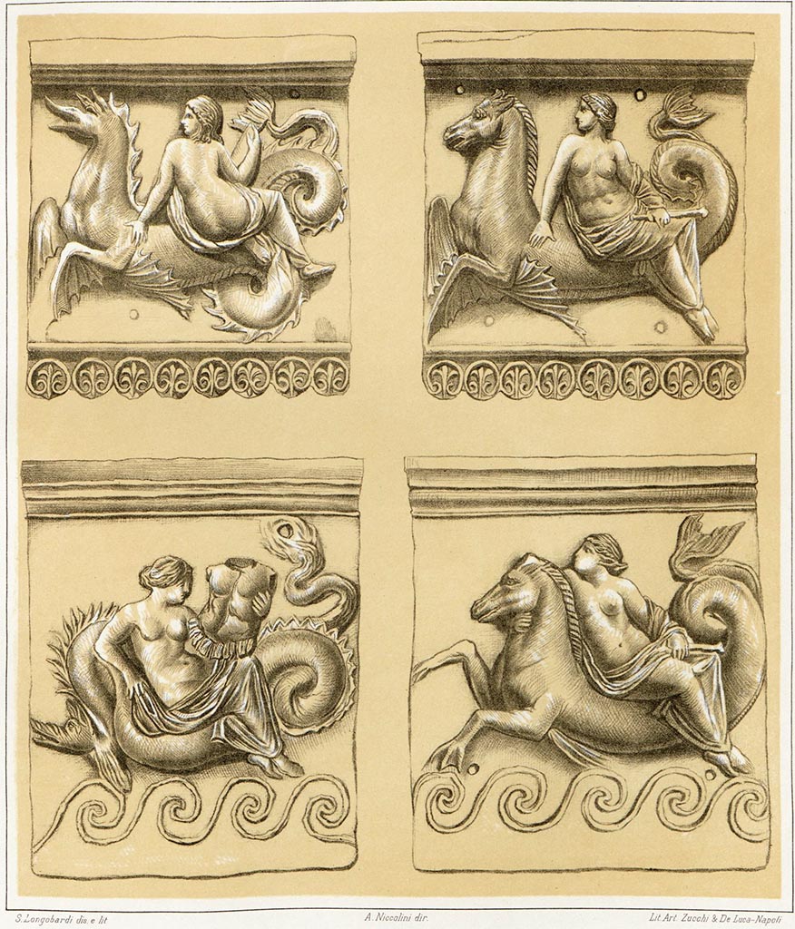 VIII.1.4, Antiquarium, Pompeii. Drawings of terracottas of Nereids.
See Niccolini F, 1890. Le case ed i monumenti di Pompei: Volume Terzo. Napoli. (Tav. XXXIX).
