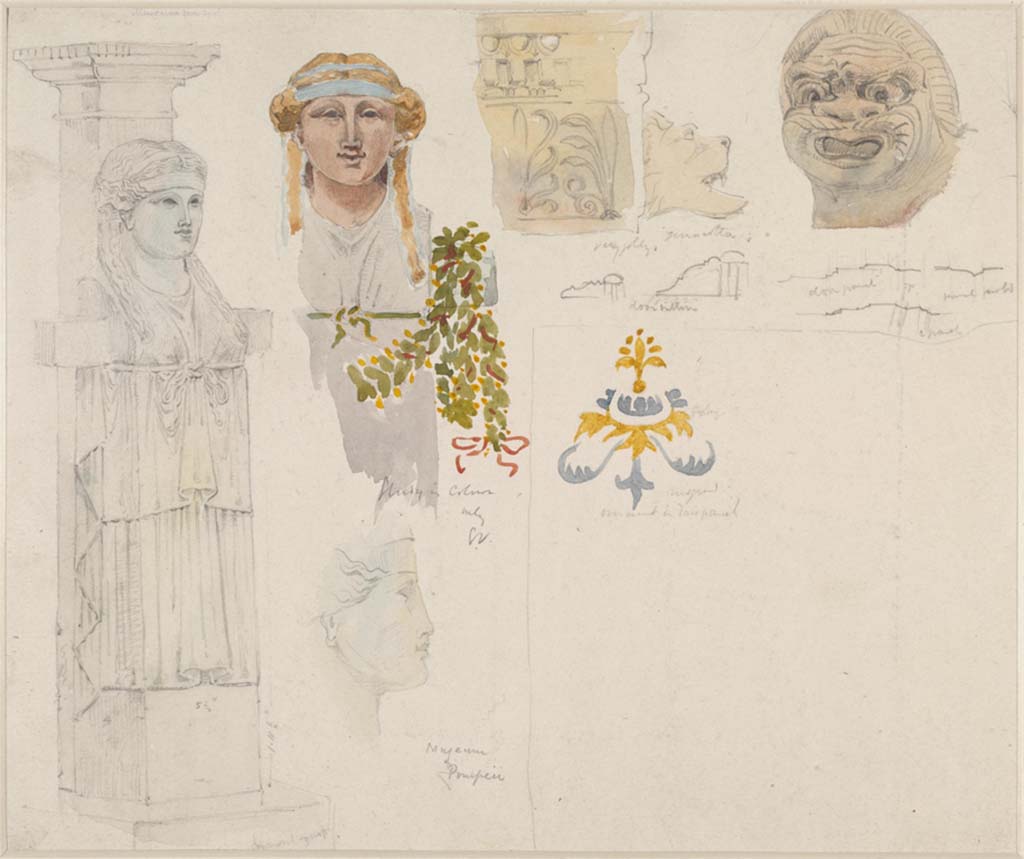 VIII.1.4, Antiquarium, Pompeii. c.1870’s. Drawings/watercolours by Sydney Vacher, of items from “museum Pompei”
Photo © Victoria and Albert Museum, inventory number E.4435-1910. 
