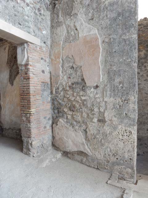 Rear of VIII.2.1 Pompeii. May 2006. Looking north towards rear of Casa di Championnet I. This can be seen on the left between the dark conifer and the tree in the centre of the photo. The south portico would have been on the present top level, beneath it the room with a vaulted ceiling.
