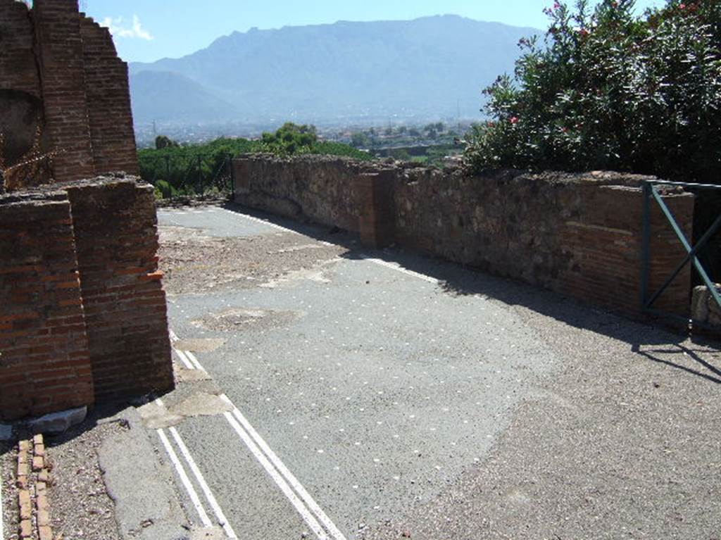 VIII.2.16 Pompeii. September 2005. Looking south along east portico of terrace garden.  According to Jashemski, this house had a terrace garden built over the volcanic ledge, with a fine view over the Bay and mountains. Today, only a triangular portion exists. The garden was enclosed on the east and north by a portico. The planted area was several steps lower than the portico. Between the two peristyles in this house (including VIII.2.14) was a large and airy room, open to each peristyle. There were terraces on the two lower levels. See Jashemski, W. F., 1993. The Gardens of Pompeii, Volume II: Appendices. New York: Caratzas. (p.206)
