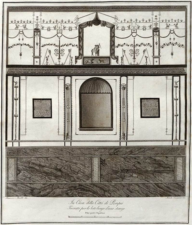VIII.3.14 Pompeii. Painting by F. Morelli, published in 1838, of south wall with niche.
See Gli ornati delle pareti ed i pavimenti delle stanze dell'antica Pompei incisi in rame: 1838, tav. 63.

