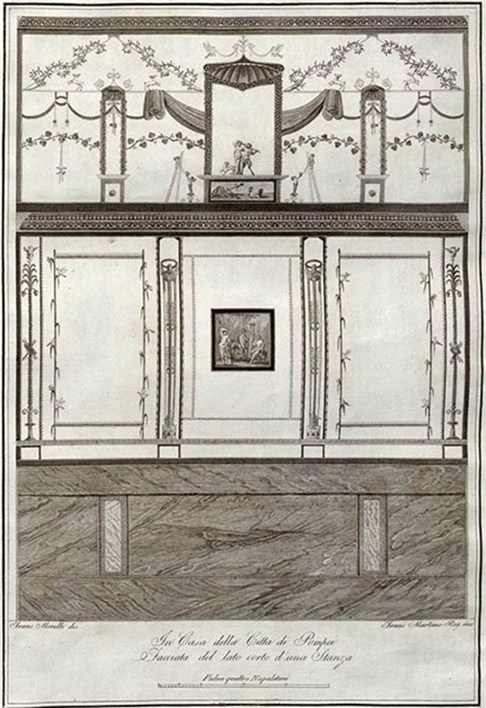 VIII.3.14 Pompeii. Painting by F. Morelli, as published in 1838, of west wall of cubiculum.
See Gli ornati delle pareti ed i pavimenti delle stanze dell'antica Pompei incisi in rame: 1838, tav. 65, indice 65.
