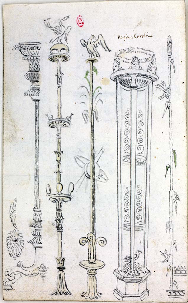 VIII.3.14 Pompeii. Drawing by W. Gell, c.1819, the drawing of the candelabra, second on the left, is from the south wall of the cubiculum.
The three candelabra, on the right, are from the west wall of the cubiculum.
See Gell W & Gandy, J.P: Pompeii published 1819 [Dessins publiés dans l'ouvrage de Sir William Gell et John P. Gandy, Pompeiana: the topography, edifices and ornaments of Pompei, 1817-1819], pl. 55 verso.
See book in Bibliothèque de l'Institut National d'Histoire de l'Art [France], collections Jacques Doucet Gell Dessins 1817-1819
Use Etalab Open Licence ou Etalab Licence Ouverte
