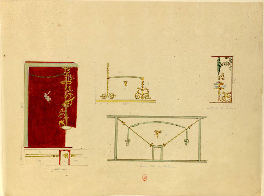 VIII.3.14 or VI.1.1 Pompeii. May 1823? Paintings by Chenavard of wall decorations, from different places in Pompeii. 
The INHA web site records: Reproduction de différents motifs de la peinture pariétale, dont deux empruntés à la Casa della Regina Carolina
On the left, from the “Rue Grande” (large road),
Lower centre, zoccolo of the Maison du triclinium.
Right, Maison du triclinium.
(Note, however, this possibly could be from VI.1.1, which would explain why the painting from the Rue Grande (Via Consolare) was drawn on the same page.)
See Chenavard, Antoine-Marie (1787-1883) et al. Voyage d'Italie, croquis Tome 3, pl. 120.
INHA Identifiant numérique : NUM MS 703 (3). See Book on INHA 
Document placé sous « Licence Ouverte / Open Licence » Etalab

