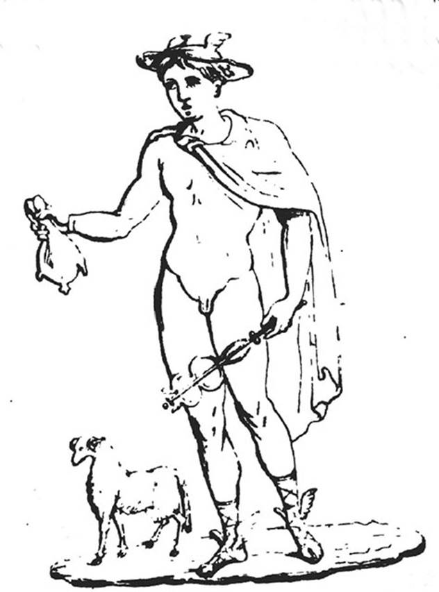 VIII.4.3 Pompeii. 1861 drawing of Mercury from inside shop. No longer visible.  Now in Naples Archaeological Museum.  Inventory number 9450. Fiorelli described Fortuna and Mercury painted on the walls of this shop, which the owner hoped would bring prosperity. 
Fortuna is standing, dressed in Chiton and Mantel. In her left hand is the horn of plenty. In her right hand is a rudder resting on a globe. See Pappalardo, U., 2001. La Descrizione di Pompei per Giuseppe Fiorelli (1875). Napoli: Massa Editore, p.126. See Della Corte, M., 1965. Case ed Abitanti di Pompei. Napoli: Fausto Fiorentino, p. 232. See Helbig, W., 1868. Wandgemlde der vom Vesuv verschtteten Stdte Campaniens. Leipzig: Breitkopf und Hrtel. Fortuna (943) Hermes (357). See Giornale di Scavi 1861, Tav. III no. 5.