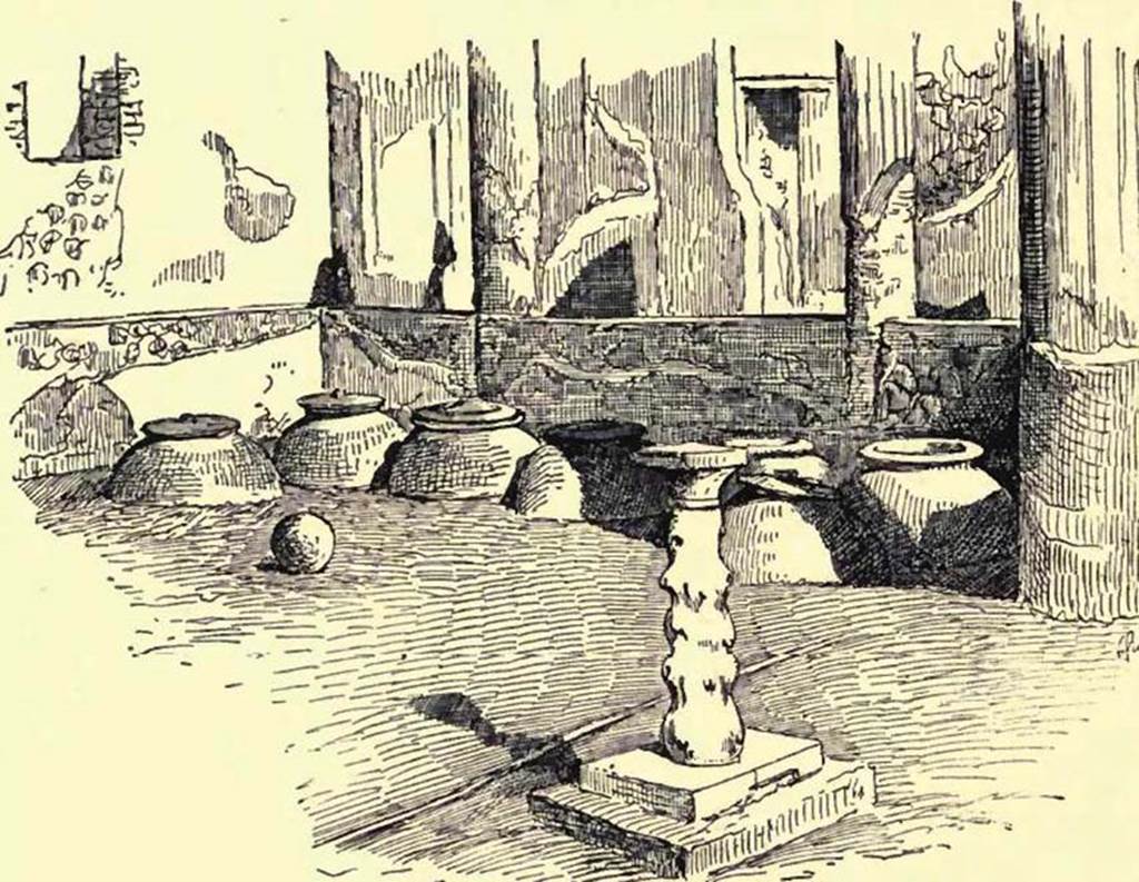 VIII.4.12 Pompeii. Looking east across garden/portico.
This drawing by Pierre Gusman is described as a “Storeroom”. 
He says – “Some wine-merchants and other dealers simply planted their dolia in the soil of their gardens”.
See Gusman, P. (1900). Pompei, the city, its life and art. London, William Heinemann. (p.287). 
