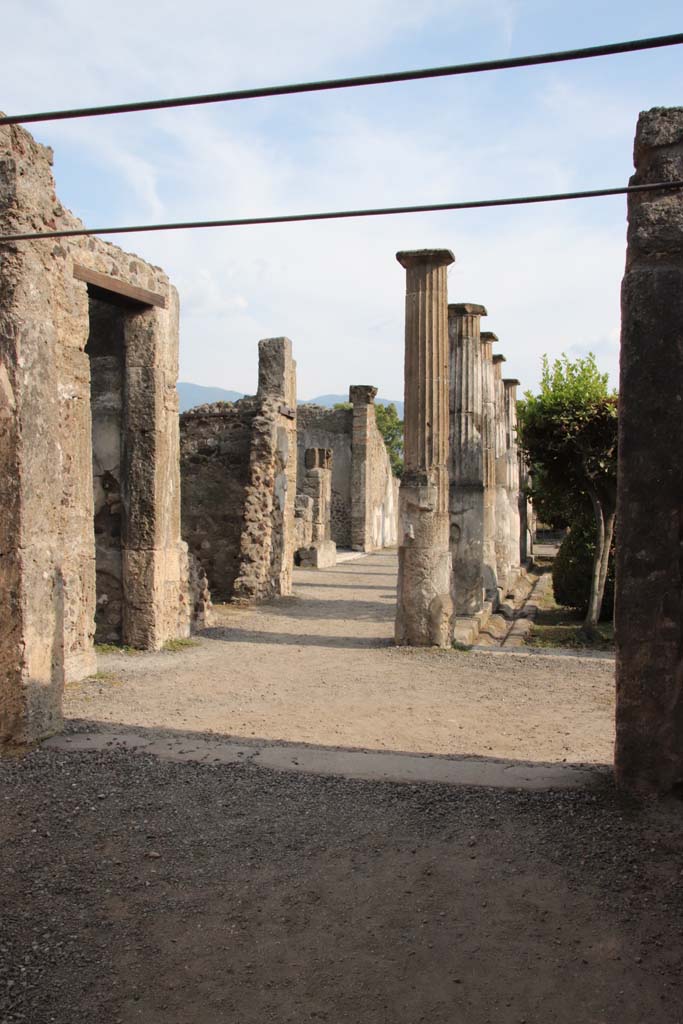VIII.4.15 Pompeii. September 2021. 
Room 5, oecus. Looking south from doorway, onto north and east portico of garden. Photo courtesy of Klaus Heese.
