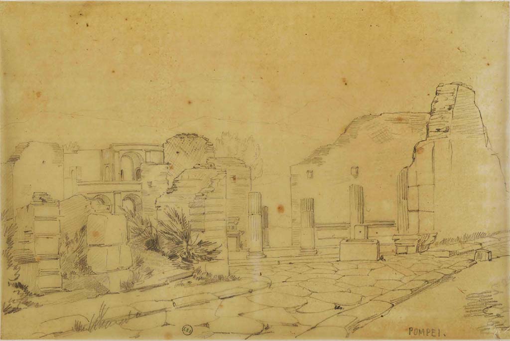 VIII.4.41 and 40, Pompeii, (on left). Sketch by Jean-Baptiste Ciceron Lesueur (1794-1883).
Looking south from Via dei Teatri towards entrance of Triangular Forum with fountain outside.
See Lesueur, Jean-Baptiste Ciceron. Voyage en Italie de Jean-Baptiste Ciceron Lesueur (1794-1883), pl. 67.
See Book on INHA reference INHA NUM PC 15469 (04)   Licence Ouverte / Open Licence  Etalab

