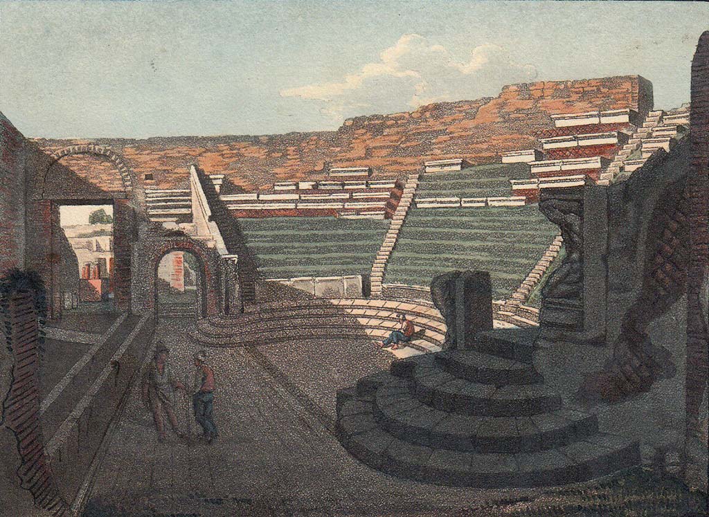 VIII.7.19 Pompeii. Pre-1824 aquatint by Jakob Wilhelm Huber. Looking across theatre towards entrance on west side.