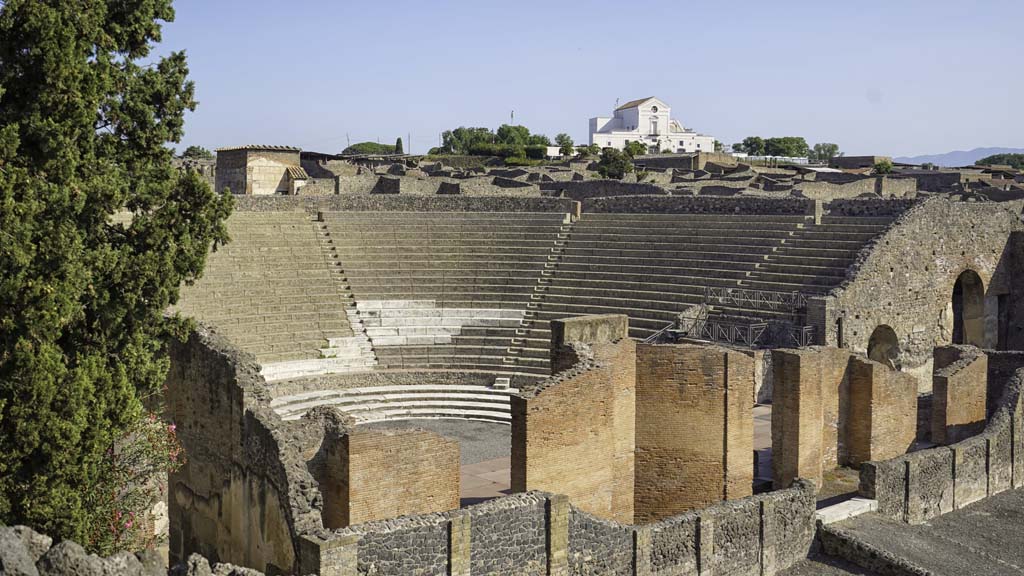 VIII.7.20 Pompeii. August 2021. 
Looking north-east from steps leading to Triangular Forum, across Theatre. Photo courtesy of Robert Hanson.
