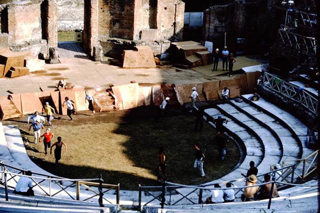 VIII.7.20 Pompeii. 1964. Rehearsal in the Large Theatre. Photo by Stanley A. Jashemski.
Source: The Wilhelmina and Stanley A. Jashemski archive in the University of Maryland Library, Special Collections (See collection page) and made available under the Creative Commons Attribution-Non Commercial License v.4. See Licence and use details.
J64f1583
