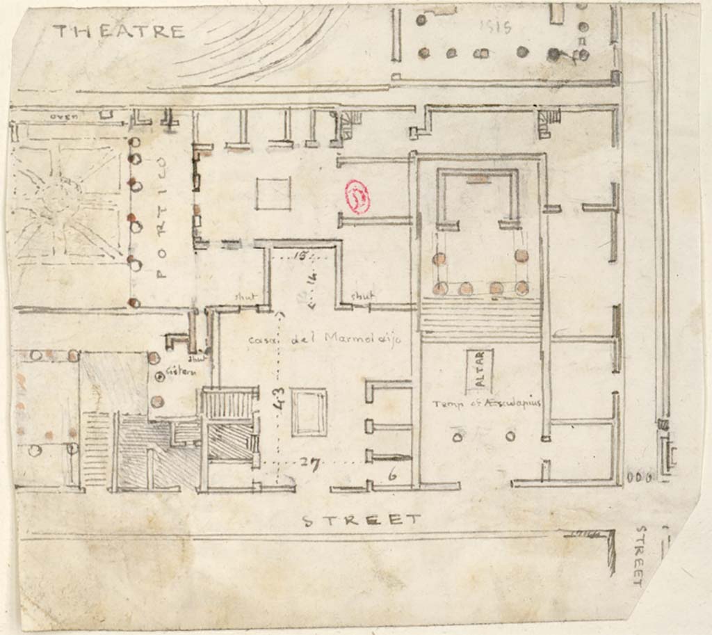 VIII.7.24 Pompeii.  c.1819. Sketch of plan of atrium and surrounding rooms, with steps leading to upper area, in the lower left, by W. Gell.
Above this house, in the centre left, is the portico and house area of VIII.7.26.
In the lower right is the entrance to the Temple of Aesculapius at VIII.7.25.
See Gell W & Gandy, J.P: Pompeii published 1819 [Dessins publis dans l'ouvrage de Sir William Gell et John P. Gandy, Pompeiana: the topography, edifices and ornaments of Pompei, 1817-1819], pl. 86.
See book in Bibliothque de l'Institut National d'Histoire de l'Art [France], collections Jacques Doucet Gell Dessins 1817-1819
Use Etalab Open Licence ou Etalab Licence Ouverte
