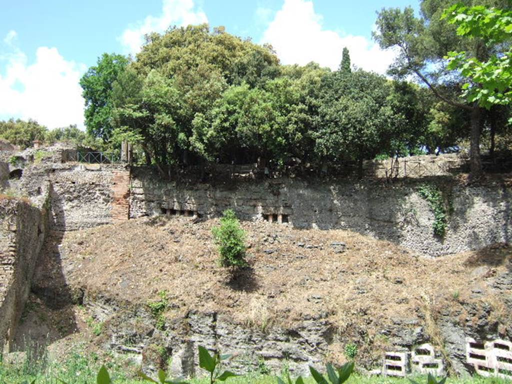 Outside the Pompeii city walls, looking at the Triangular Forum. May 2006.