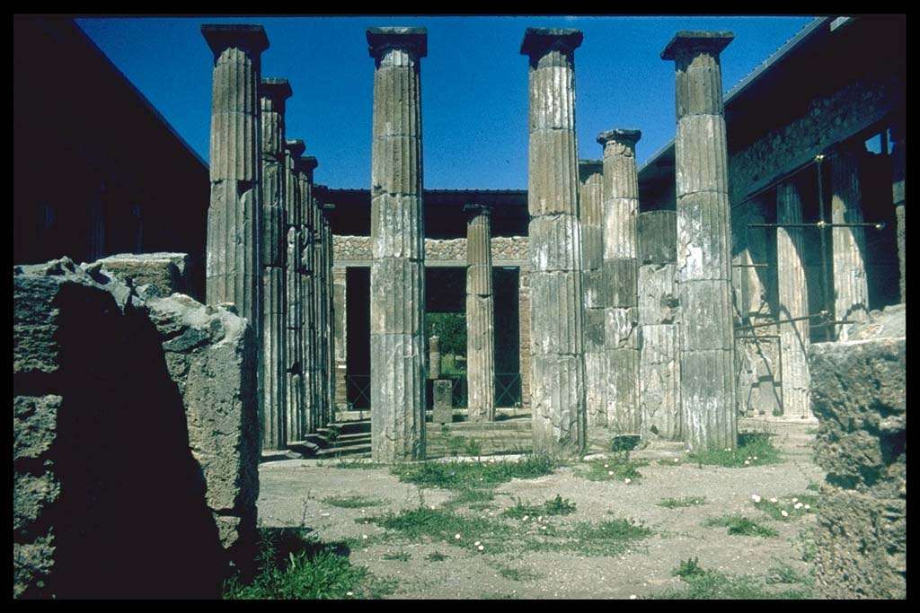 IX.1.20 Pompeii, 7th August 1976. Looking north across columns in atrium.
Photo courtesy of Rick Bauer, from Dr George Fay’s slides collection.
