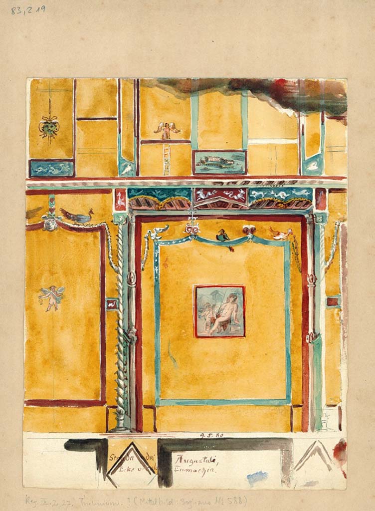 IX.2.27 Pompeii. 9th May 1880. Painting of west wall of triclinium with central painting of Narcissus.
DAIR 83.219. Photo © Deutsches Archäologisches Institut, Abteilung Rom, Arkiv. 
See Sogliano, A., 1879. Le pitture murali campane scoverte negli anni 1867-79. Napoli: Giannini. (no.588)
