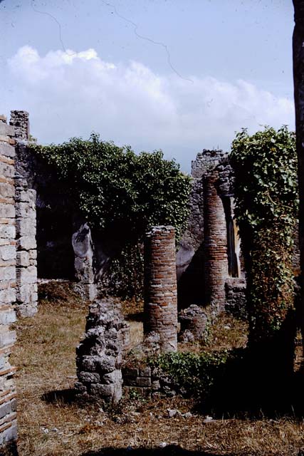 IX.2.27 Pompeii. May 2010. Remains of shrine on west wall.
According to Boyce, the two enclosing walls formed a rectangular niche above a low podium, but none of the floor was preserved. The inside walls are painted blue with red borders. On the ground in front of the shrine stood a square masonry altar.
See Boyce G. K., 1937. Corpus of the Lararia of Pompeii. Rome: MAAR 14.  (p. 82)
