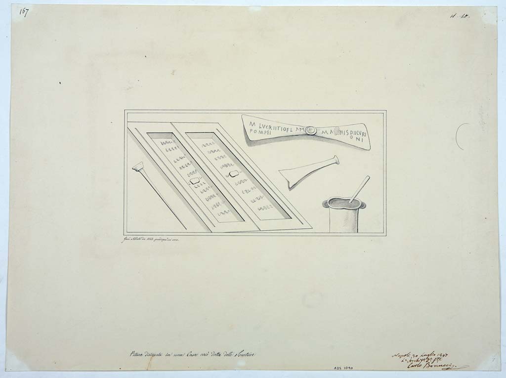IX.3.5 Pompeii. Room 19, drawing by Giuseppe Abbate, 1847, of wall painting of writing implements and a letter.
Now in Naples Archaeological Museum. Inventory number ADS 1090. 
Photo  ICCD. http://www.catalogo.beniculturali.it
Utilizzabili alle condizioni della licenza Attribuzione - Non commerciale - Condividi allo stesso modo 2.5 Italia (CC BY-NC-SA 2.5 IT)
