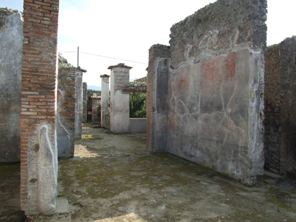 IX.3.5 Pompeii. March 2009. Room 32, west wall of tablinum. The west wall would have been painted with a black dado. In the middle zone, the narrow central compartment would have had a white background. The bordered side panels were probably red and yellow.
At the north end was a red panel, and decoration of candelabra could be seen.
See Bragantini, de Vos, Badoni, 1986. Pitture e Pavimenti di Pompei, Parte 3. Rome: ICCD. (p.444, tablino 33)
