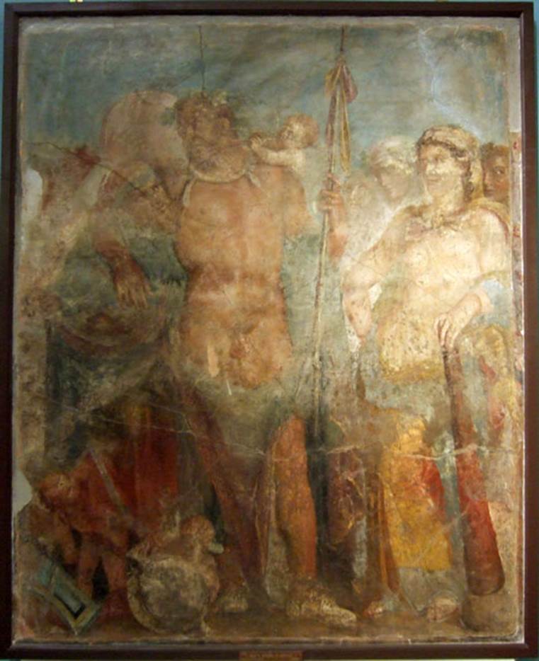 IX.3.5 Pompeii. Painting of Hercules and Omphale from the centre panel of east wall of triclinium. Hercules is in women’s clothing, dazed by the wine and the music. Omphale with his lion skin and his club observes the results of her victory. Now in Naples Archaeological Museum. Inventory number 8992.