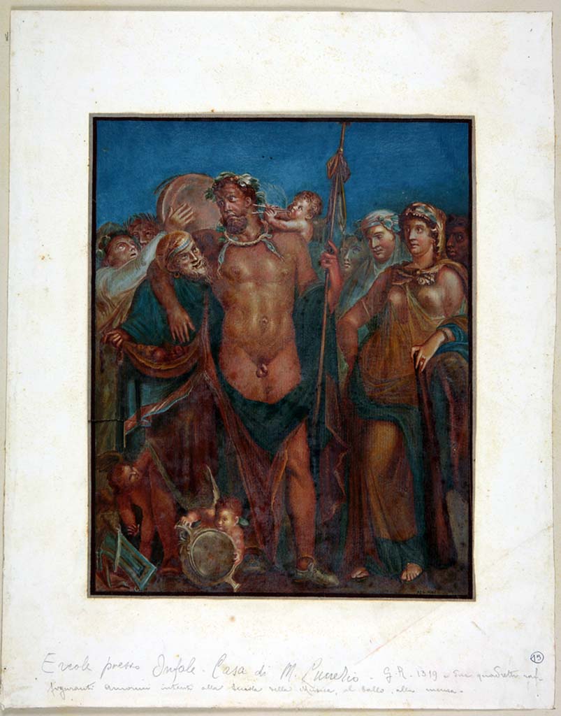 IX.3.5 Pompeii. Painting attributed to Michele Mastracchio, but not signed, a copy of the painting of Hercules and Omphale from the centre panel of east wall of triclinium.
Now in Naples Archaeological Museum. Inventory number ADS 1061.
Photo © ICCD. http://www.catalogo.beniculturali.it
Utilizzabili alle condizioni della licenza Attribuzione - Non commerciale - Condividi allo stesso modo 2.5 Italia (CC BY-NC-SA 2.5 IT)
See Helbig, W., 1868. Wandgemälde der vom Vesuv verschütteten Städte Campaniens. Leipzig: Breitkopf und Härtel, (1140).

