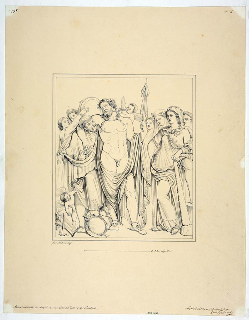 IX.3.5 Pompeii. Room 14. Drawing by Giuseppe Abbate, 1847, of painting of Hercules and Omphale, from east wall of triclinium.
Now in Naples Archaeological Museum. Inventory number ADS 1062.
Photo © ICCD. http://www.catalogo.beniculturali.it
Utilizzabili alle condizioni della licenza Attribuzione - Non commerciale - Condividi allo stesso modo 2.5 Italia (CC BY-NC-SA 2.5 IT)
