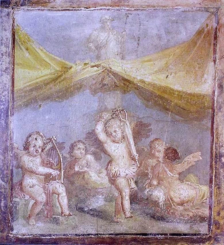 IX.3.5 Pompeii. North end of east wall of triclinium 14. Painting of outdoor banquet under tent, with dancing cupid. In the background is a statue of Dionysus.
Now in Naples Archaeological Museum. Inventory number 9207. 
See Helbig, W., 1868. Wandgemälde der vom Vesuv verschütteten Städte Campaniens. Leipzig: Breitkopf und Härtel. 759.
See Carratelli, G. P., 1990-2003. Pompei: Pitture e Mosaici.  Roma: Istituto della enciclopedia italiana, Vol IX, fig. 188, p. 267.
