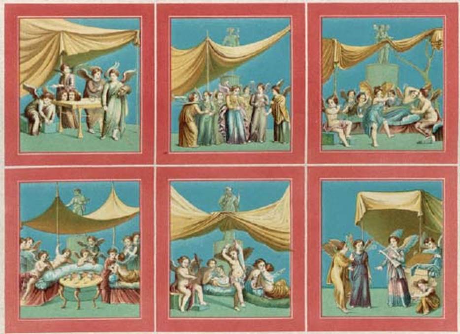 IX.3.5 Pompeii. Room 14, 1852 paintings of Psyche and cupids from the side panels on the walls of triclinium.
See Niccolini F, 1854. Le case ed i monumenti di Pompei: Volume Primo. Napoli. 2, Tav 9.
These are now in Naples Archaeological Museum.  
According to Schefold these are 
Top row, left to right:
   Tragic cupids, inventory number 9191, Helbig 768.
   Dramatic cupids, inventory number 9193, Helbig 767.
   Banquet with dancing Psyche, inventory number 9208, Helbig 760.
Lower row, left to right:
   Banquet with table, inventory number 9255, Helbig 757.
   Banquet with dancing cupid, inventory number 9207, Helbig 759.
   Lyrical choir practicing, inventory number 9206, Helbig 766.
See Schefold, K., 1957. Die Wände Pompejis. Berlin: De Gruyter. p. 249. 

Helbig describes
757: Three-sided drink laden table
759: Dancing Eros in centre.
760: Dancing Psyche in centre.
766: Psyche standing with a cithara in her left hand and a plectrum in her right. Opposite her stands an Eros, wrapped in a yellow cloak, which seems to be a salutation to her. Next to him is a psyche in a long violet chiton, holding an obscure object in her left hand, perhaps a crotalum (castanet), with four butterfly-wings on her back. Right kneels another psyche. In the background, a blue dressed psyche opens a box in which blue garments lie.
767: in centre an Eros in long blue chiton with long sleeved yellow undergarment und playing through a leather strap two long pipes. Next to him a psyche with four butterfly wings long chiton with arms flute in left the right uplifted, carefully listening to her playing.
768 Table with two tragic masks left sits an Eros doing up his shoe: right near the table stands another with yellow robe a pedum in the right a bearded mask in the left.
See Helbig, W., 1868. Wandgemälde der vom Vesuv verschütteten Städte Campaniens. Leipzig: Breitkopf und Härtel.

