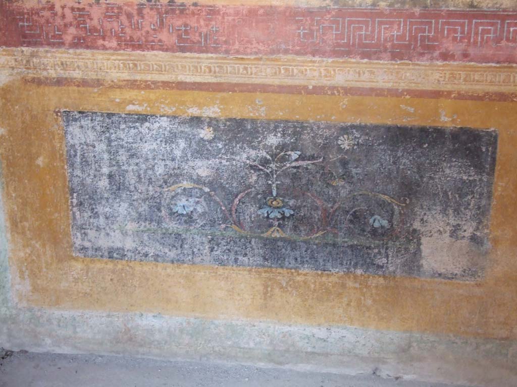 IX.3.5 Pompeii. March 2009. Room 14, yellow dado with black panel painted with flowered vine-shoot, from north end of east wall of triclinium.