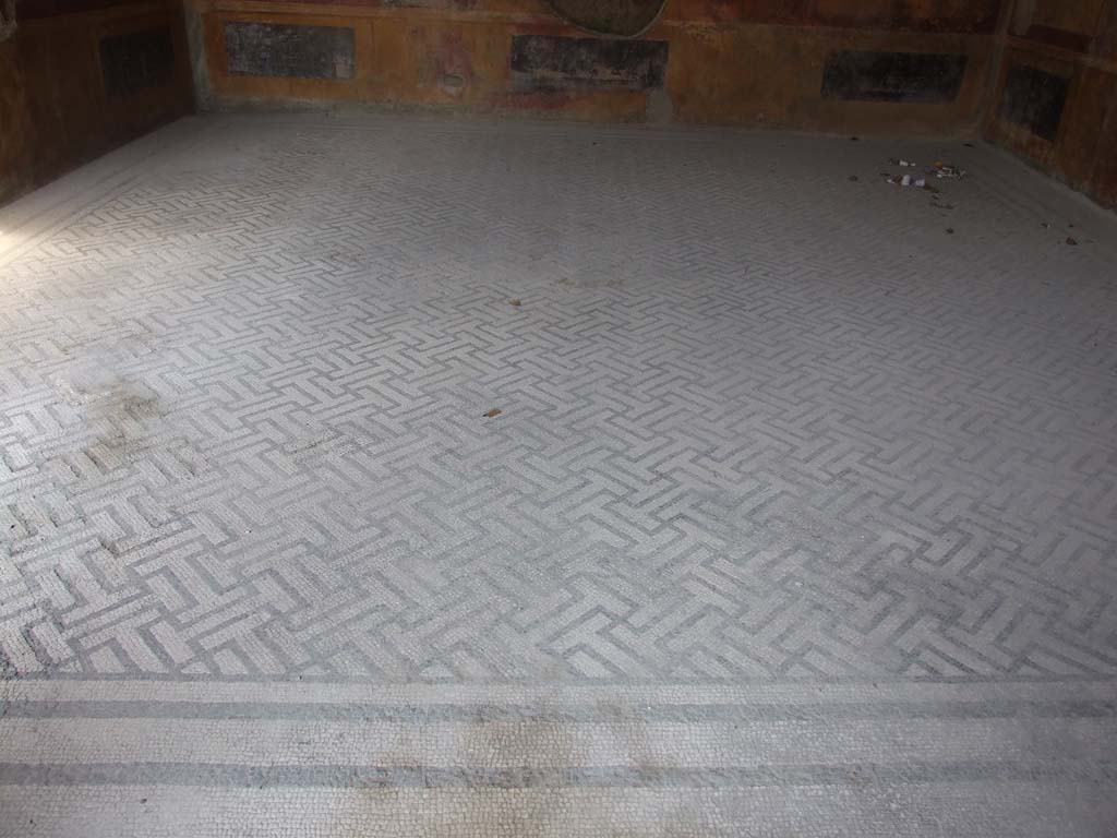IX.3.5 Pompeii. March 2009. Room 14, black and white mosaic floor, with border of black and white lines.