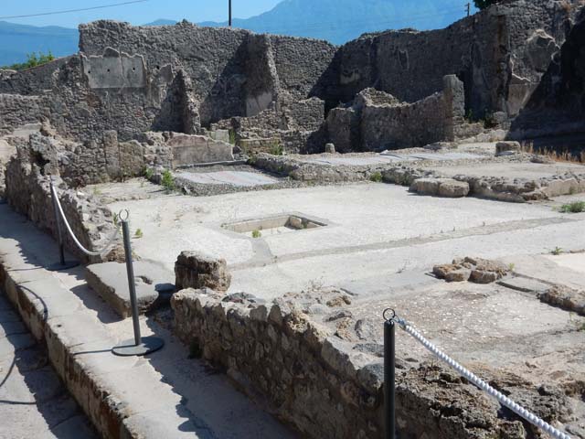 IX.3.21 Pompeii. May 2005. Looking west towards rear of site. According to Fiorelli, at the time of the eruption IX.3.21/22 was in use as a store of stone and brick materials from demolished houses.See Pappalardo, U., 2001. La Descrizione di Pompei per Giuseppe Fiorelli (1875). Napoli: Massa Editore. (p. 147, [399]).