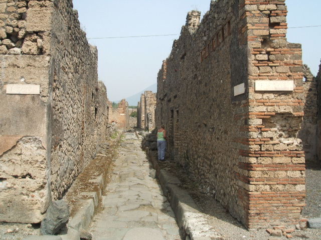 IX.6.a Pompeii. May 2005. Entrance doorway, looking north.
According to Eschebach, on the left was the hearth and steps to upper floor. See Eschebach, L., 1993. Gebäudeverzeichnis und Stadtplan der antiken Stadt Pompeji. Köln: Böhlau. (p.428). According to Varone, CIL IV 5203,5204 and 5206 were found on the wall between IX.6.a and IX.6.b (see IX.6.b for details).