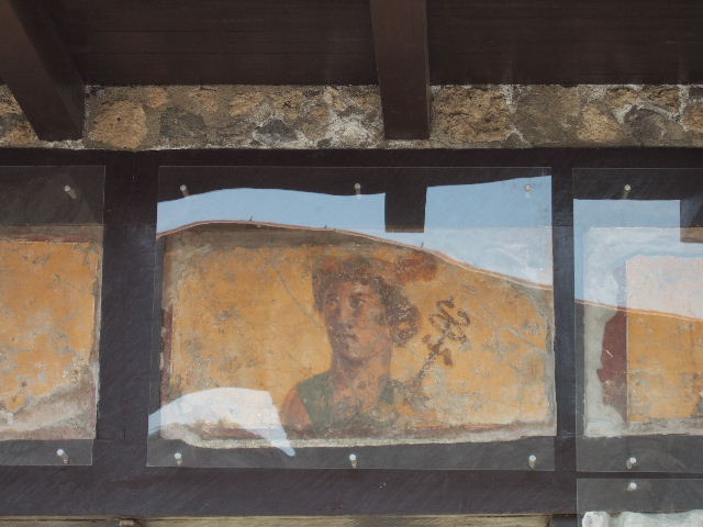 IX.7.1 Pompeii. September 2019. Painting of Apollo or Sol with the cosmic crown and a whip.  
Photo courtesy of Klaus Heese. 
