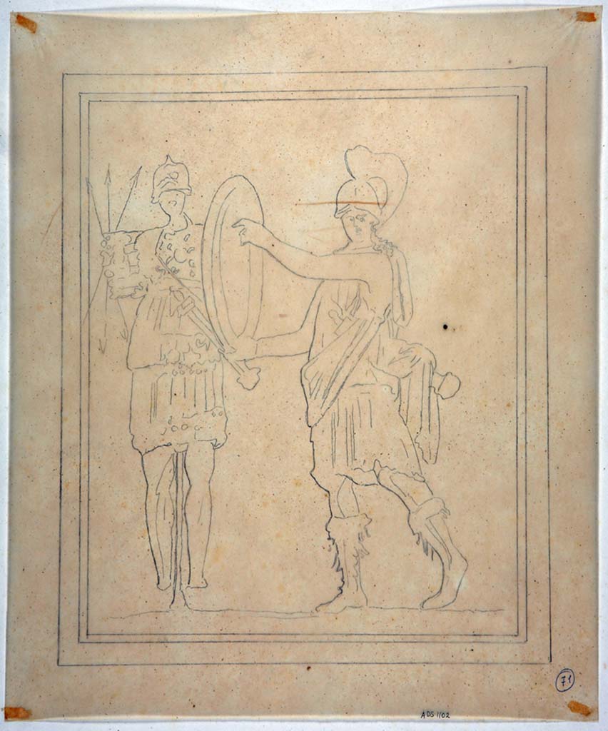 IX.8.6 Pompeii. Drawing by Geremia Discanno, of painting seen in centre of south wall of room to the left of the atrium. 
The drawing depicts an armed warrior, with helmet and sword over his shoulder, who approaches with a round shield to a trophy. 
The painting has now faded and disappeared.
Now in Naples Archaeological Museum. Inventory number ADS 1102.
Photo  ICCD. http://www.catalogo.beniculturali.it
Utilizzabili alle condizioni della licenza Attribuzione - Non commerciale - Condividi allo stesso modo 2.5 Italia (CC BY-NC-SA 2.5 IT)

