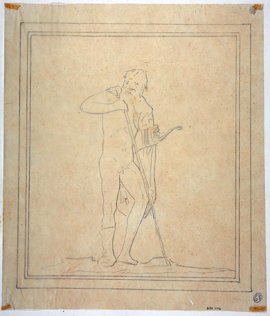 IX.8.6 Pompeii. Drawing by Geremia Discanno, of a wall painting of the injured Philoctetes found on south wall of the left ala.
The original painting was detached and taken to Naples Archaeological Museum. Inventory number 120032.
Now in Naples Archaeological Museum. Inventory number ADS 1104.
Photo  ICCD. http://www.catalogo.beniculturali.it
Utilizzabili alle condizioni della licenza Attribuzione - Non commerciale - Condividi allo stesso modo 2.5 Italia (CC BY-NC-SA 2.5 IT)

