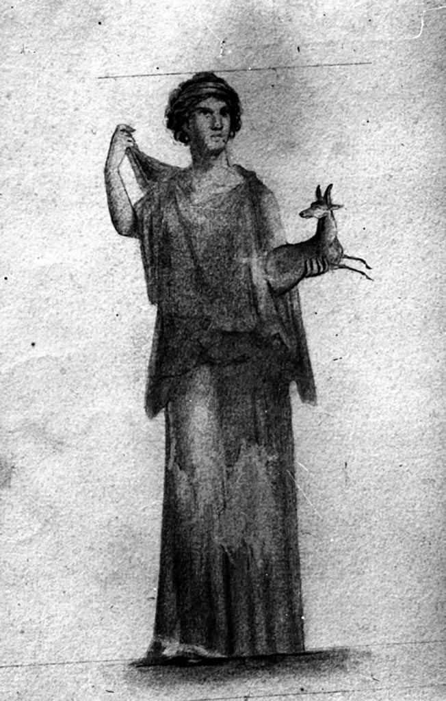 IX.8.6 Pompeii. W.1463. Room 4, drawing of Artemis, or Diana, with deer in hand. 
According to Bragantini, in the centre of the north and east wall were paintings of Artemis, or Diana.
See Bragantini, de Vos, Badoni, 1986. Pitture e Pavimenti di Pompei, Parte 3. Rome: ICCD. (p.513)
Photo by Tatiana Warscher. Photo © Deutsches Archäologisches Institut, Abteilung Rom, Arkiv. 
