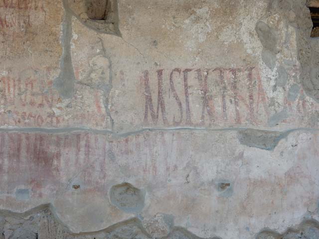 IX.12.7 Pompeii. May 2017. Detail of graffiti on west side of panel between IX.12.6 and IX.12.7.  Photo courtesy of Buzz Ferebee.
