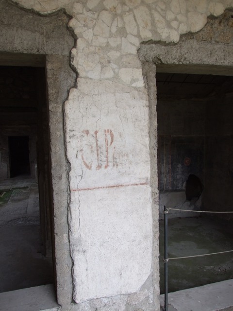 IX.13.1-3 Pompeii. March 2009. Room 9, upper level on north wall in the north east corner of the portico. Painting of bird and food.