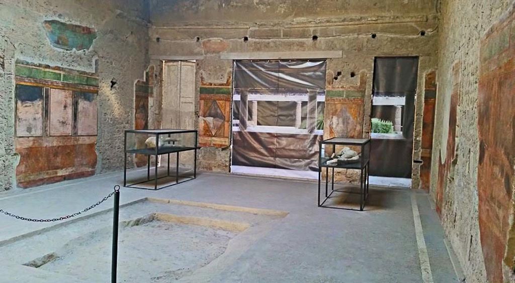 Villa of Mysteries, Pompeii. September 2021. Room 64, looking east across south side of atrium. Photo courtesy of Klaus Heese.
