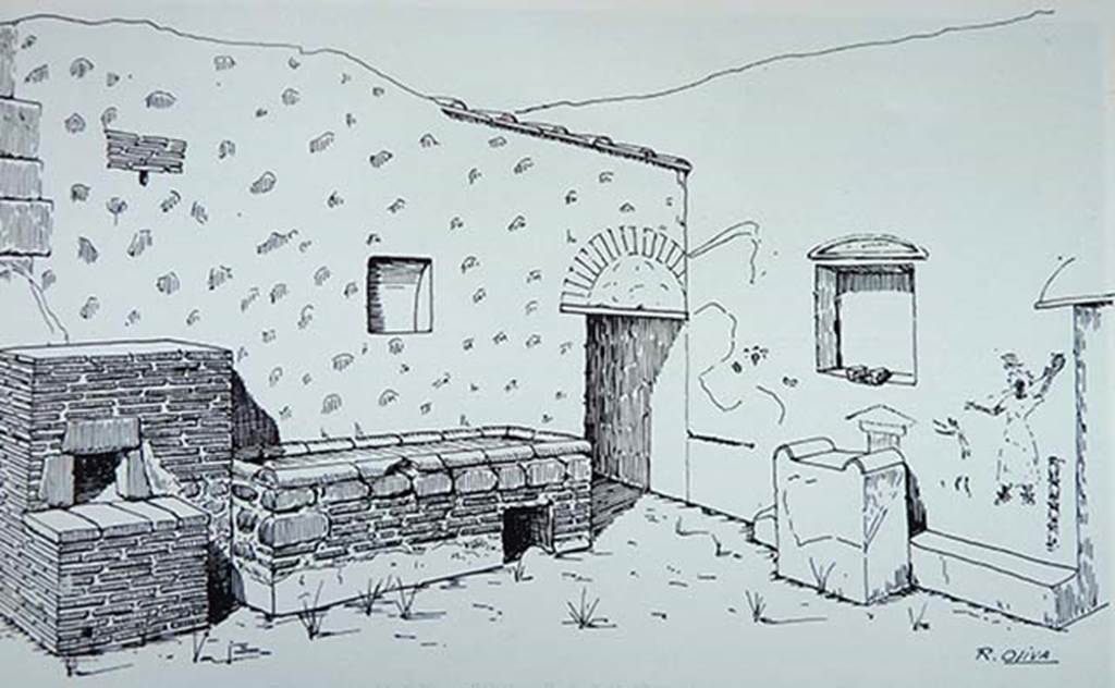 Villa of Mysteries, Pompeii. Drawing of west and north walls of kitchen courtyard with remains of painted lararium on right, by R.Oliva.  See Maiuri, A. (1967 ed). La Villa dei Misteri, (p.36-7)
