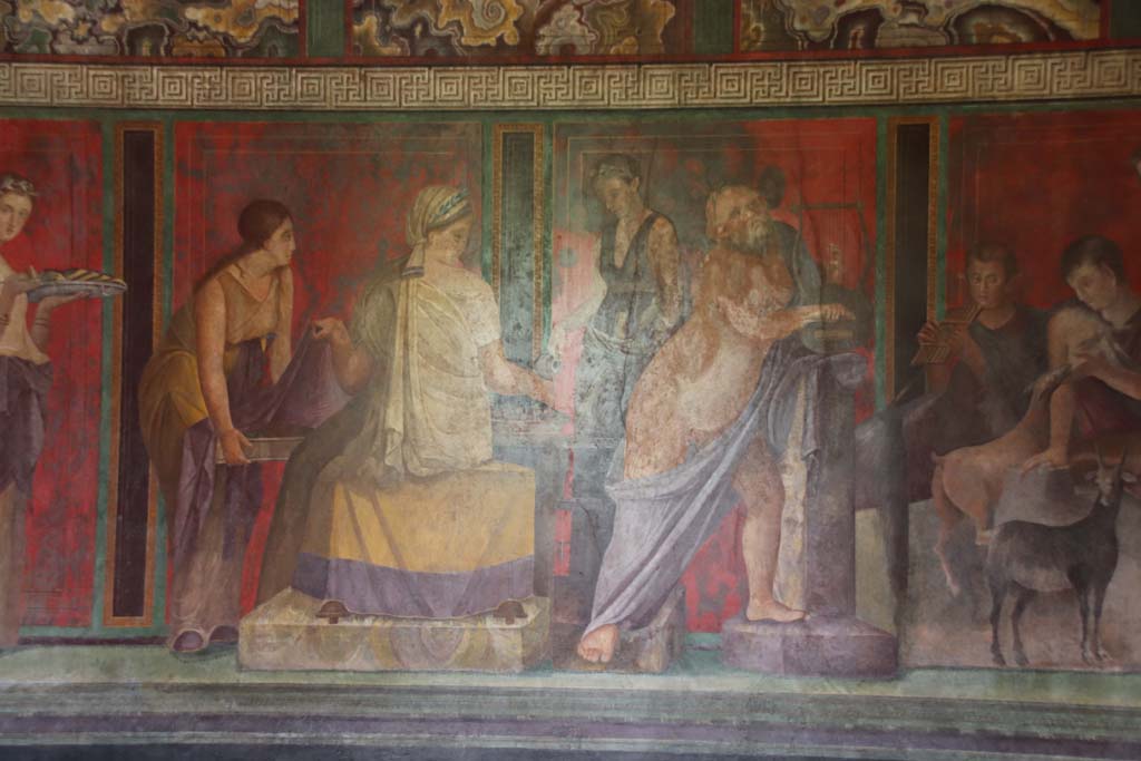 Villa of Mysteries, Pompeii. September 2021. 
Room 5, the preparation of a ritual meal for the deity, detail from north wall. 
Photo courtesy of Klaus Heese.
