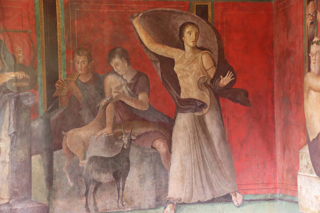 Villa of Mysteries, Pompeii. September 2021. Room 5 detail of figures from north wall at east end. Photo courtesy of Klaus Heese.
